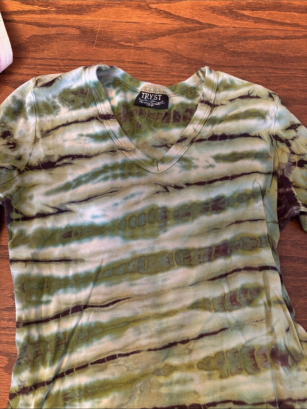Vintage Tryst Olive and Charcoal Striped Tie-Dye V-Neck Tee